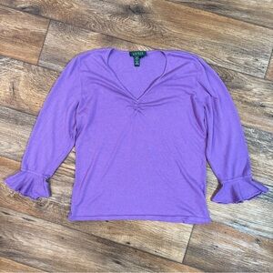Lauren Ralph Lauren Silk Cashmere Ruffle V-Neck Sweater L